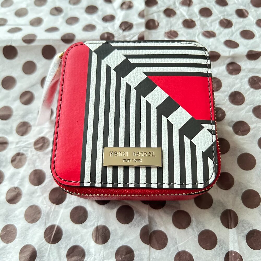SOLD - Henri Bendel Red and Centennial Stripe Leather Zip Travel Jewelry Box